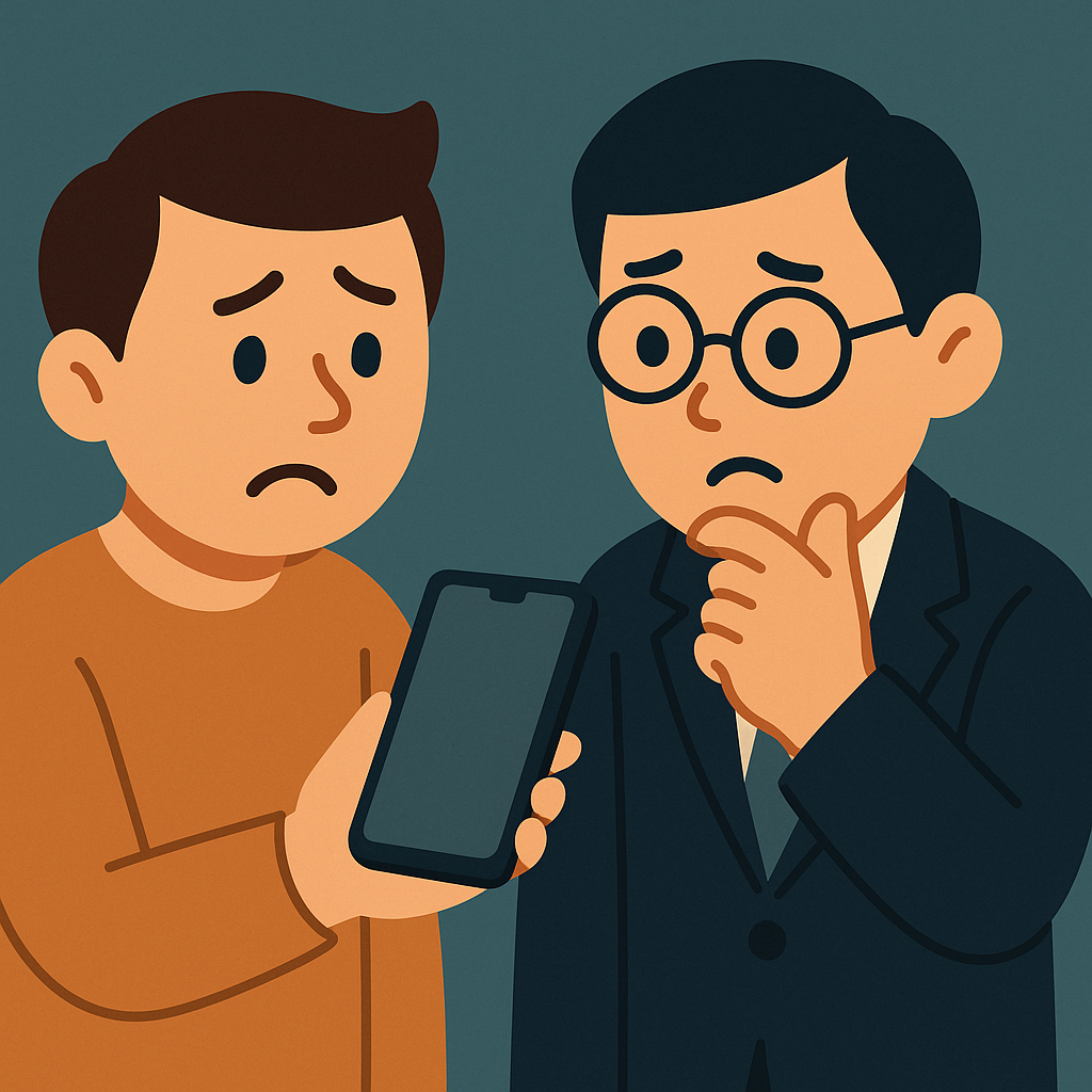 의뢰인이 스마트폰 화면을 보며 걱정스러운 표정으로 수사관에게 말하고 있습니다. 중요한 정보가 사라진 상황입니다.