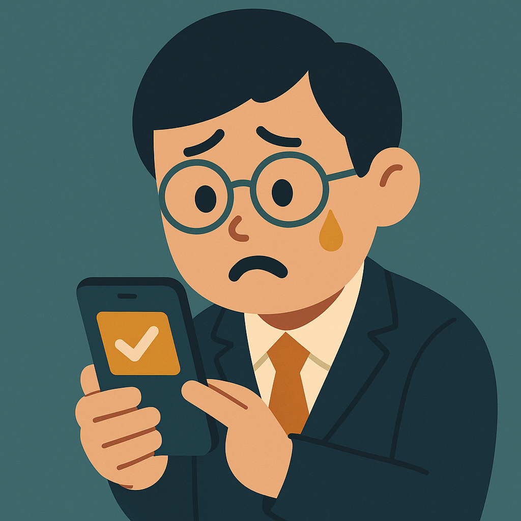 한 사람이 스마트폰 화면을 보며 실수로 사진을 지워 슬퍼하고 있다.