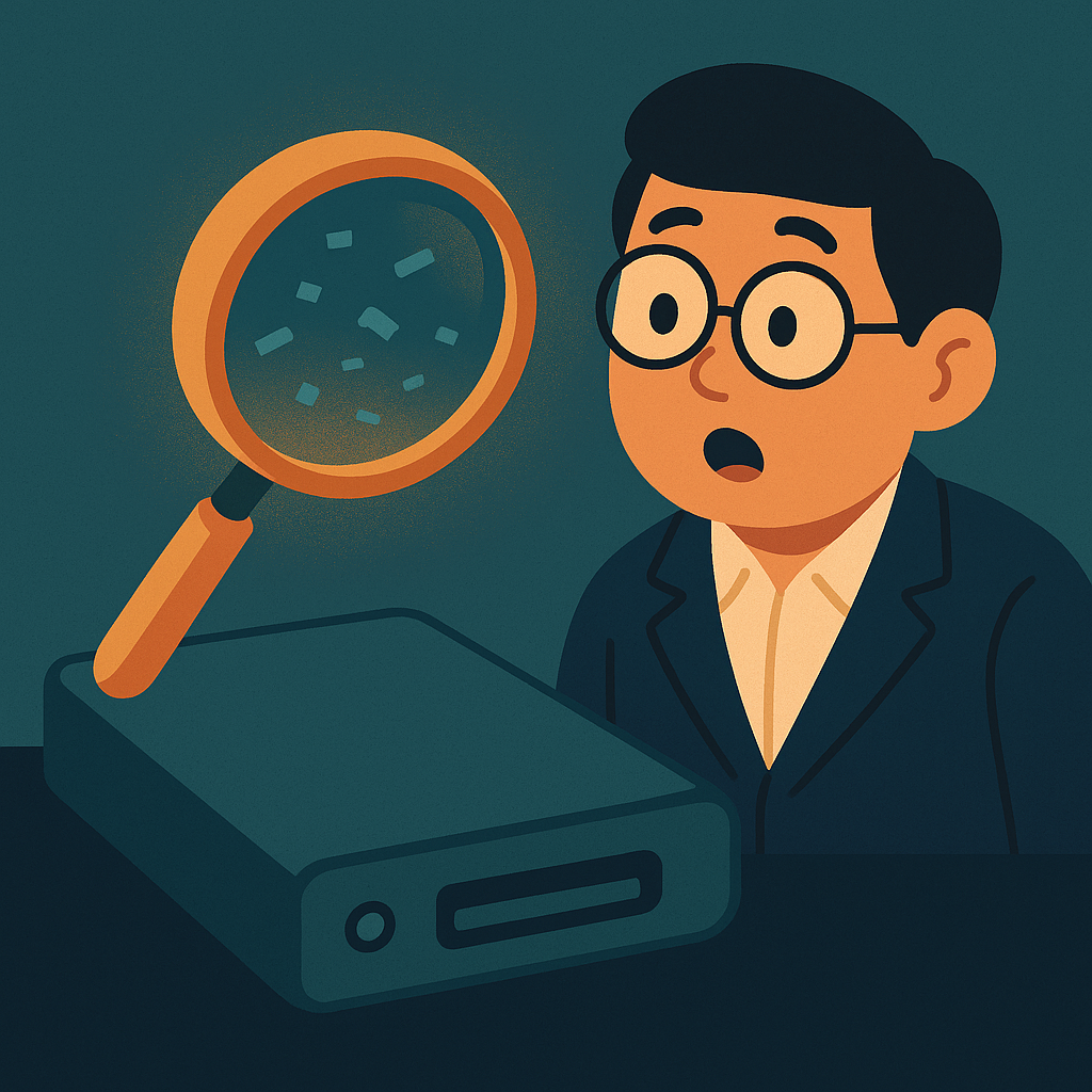 데이터 저장 공간 위에 돋보기가 떠다니며 조각난 데이터를 보여주고, 한 사람은 '카빙'으로 복구될 수 있음에 놀란다.