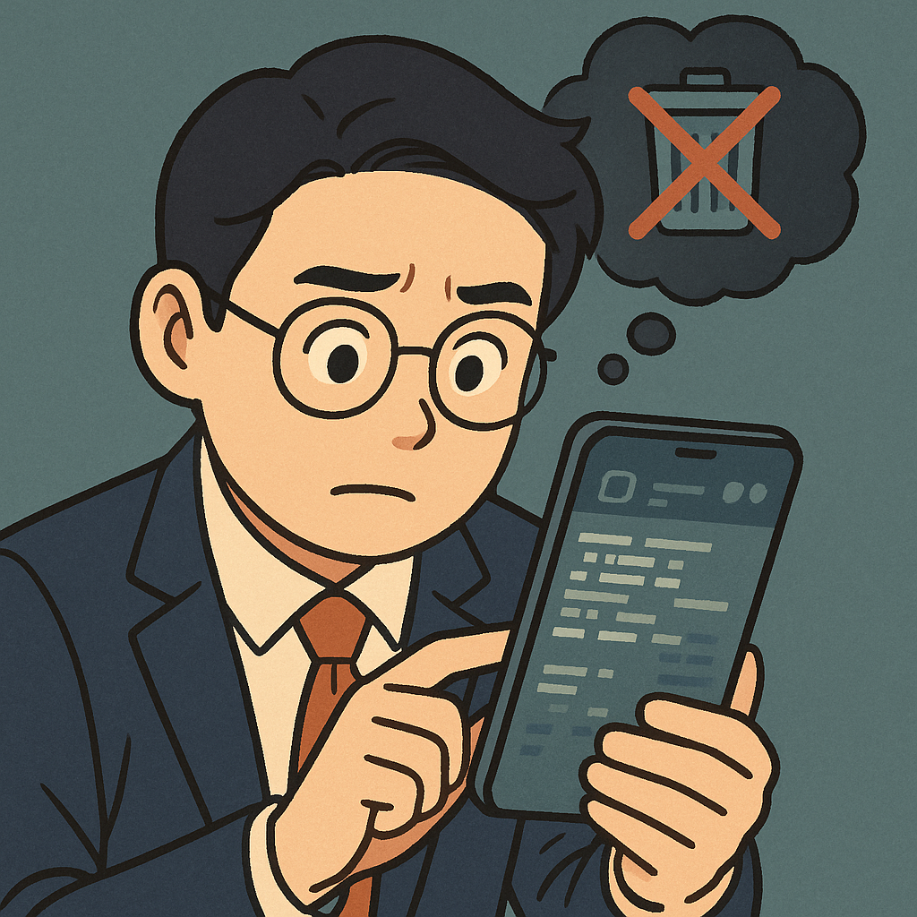 형사가 스마트폰 화면을 보며 지워진 정보 때문에 난감해하는 모습.