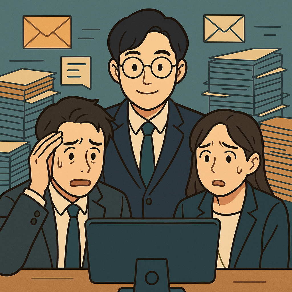 소송 준비 중인 변호사와 의뢰인, 컴퓨터 앞에서 전자 파일을 보며 고민