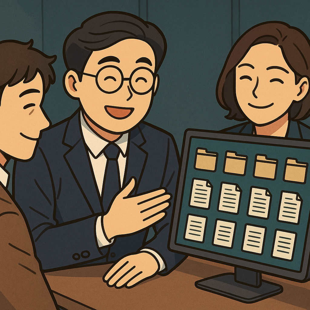 의뢰인과 변호사, 정리된 전자 자료를 보며 안심하고 소송 준비에 자신감을 갖다