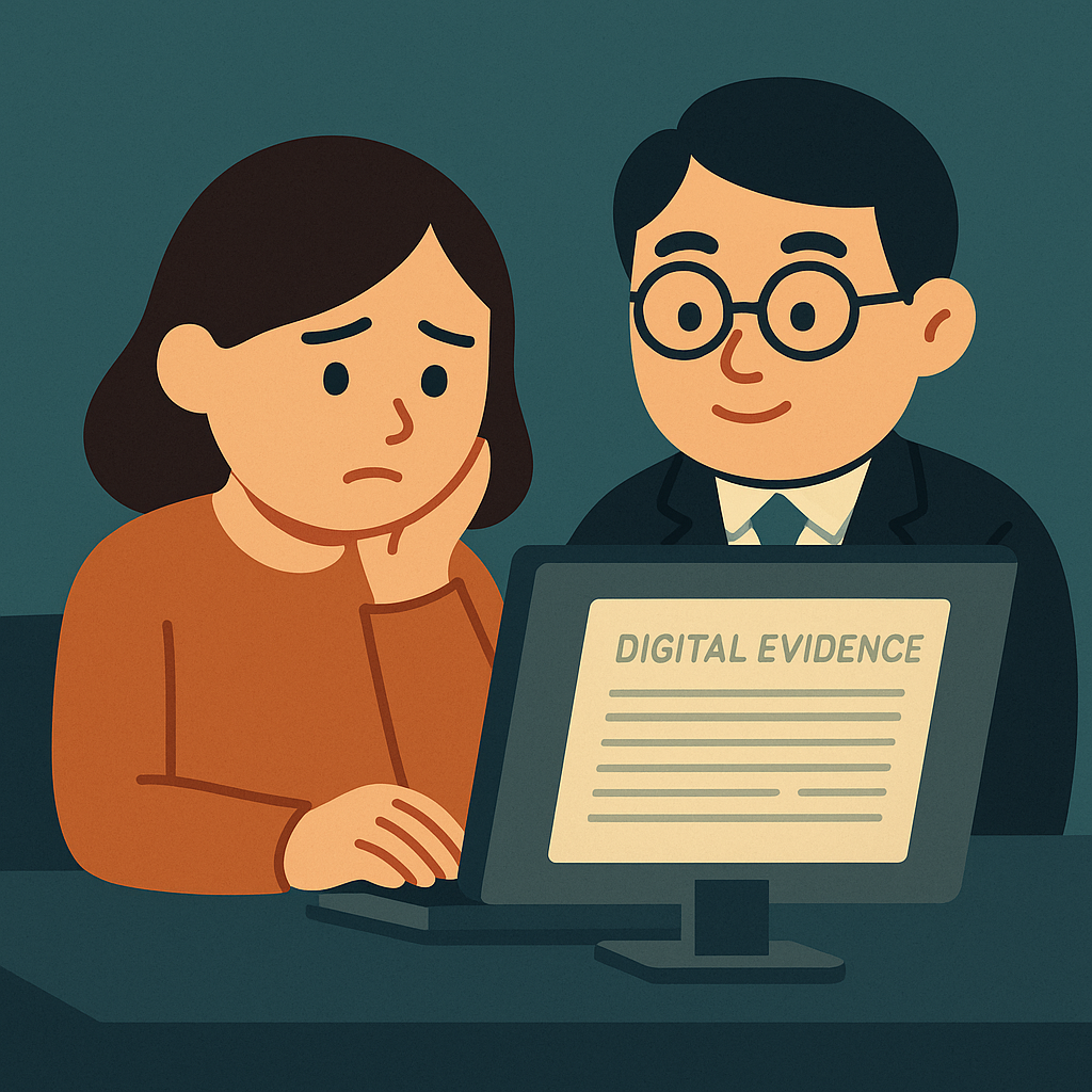미나가 컴퓨터 화면의 디지털 증거를 보며 그 신뢰성에 대해 고민하는 모습.