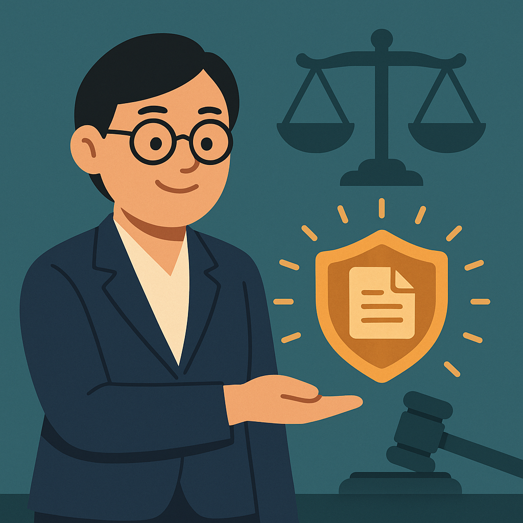 미나가 무결성이 입증된 디지털 증거를 법적 상징물에 제시하며 정식 증거로 인정받는 모습을 표현.