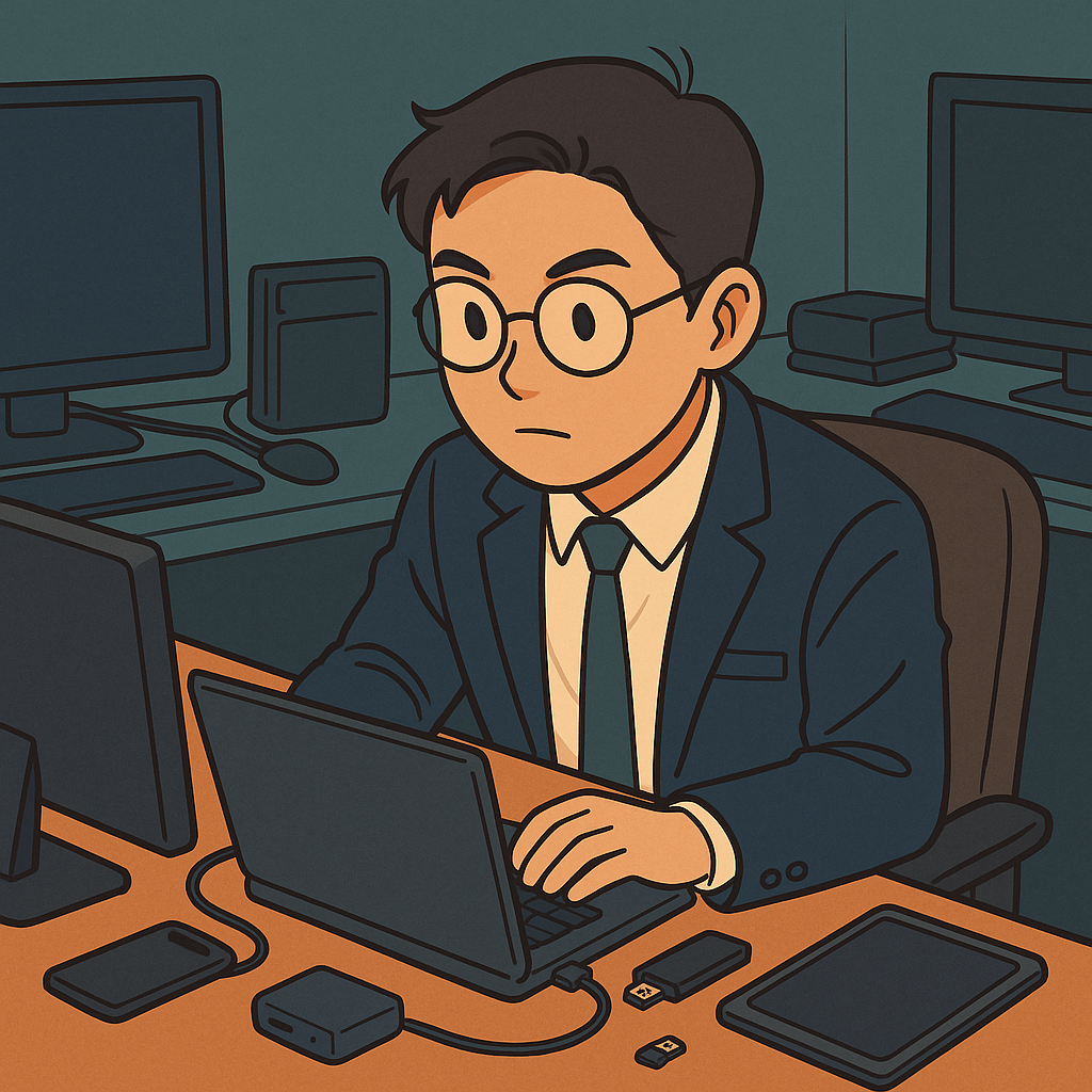 수사관이 압수수색 준비 중이며, 컴퓨터가 여러 대 있는 장면