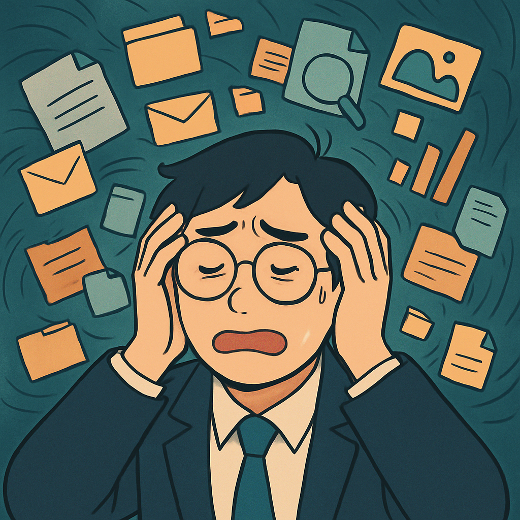 수사관이 모든 정보를 수집하려고 하다 혼란스러워하는 장면