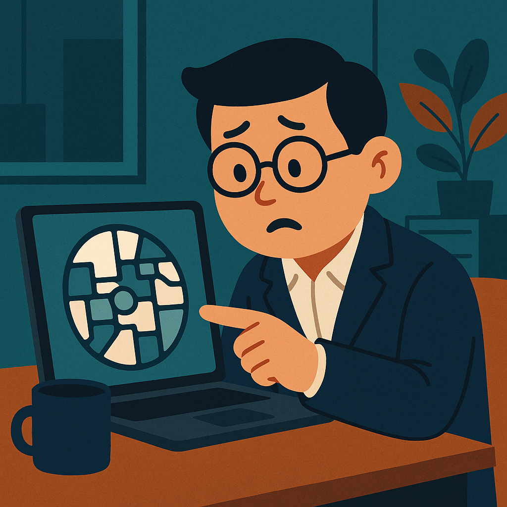 사무실에서 한 사람이 의아한 표정으로 컴퓨터 화면을 보며, 데이터 삭제가 생각보다 복잡함을 보여주는 장면.