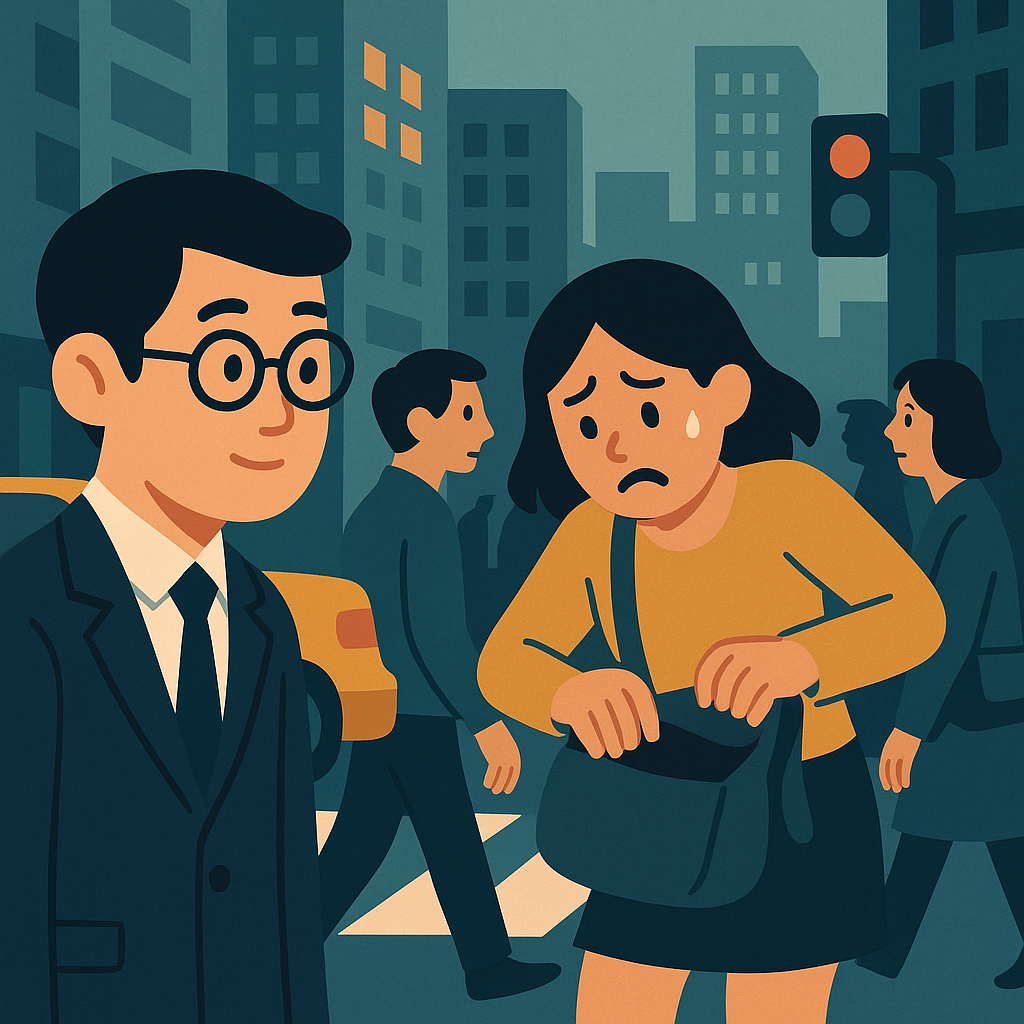 도시 거리에서 휴대폰을 잃어버린 친구가 당황하는 모습