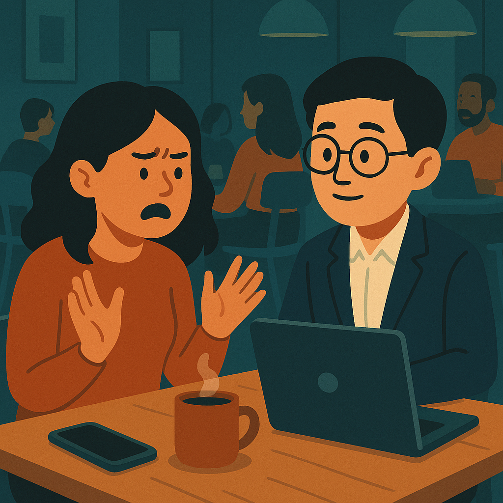 카페에서 친구가 클라우드에 아무것도 없을 줄 알았다고 말하는 장면